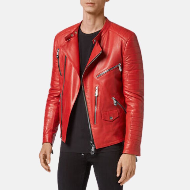 Mens Red Quilted Asymmetrical Leather Jacket