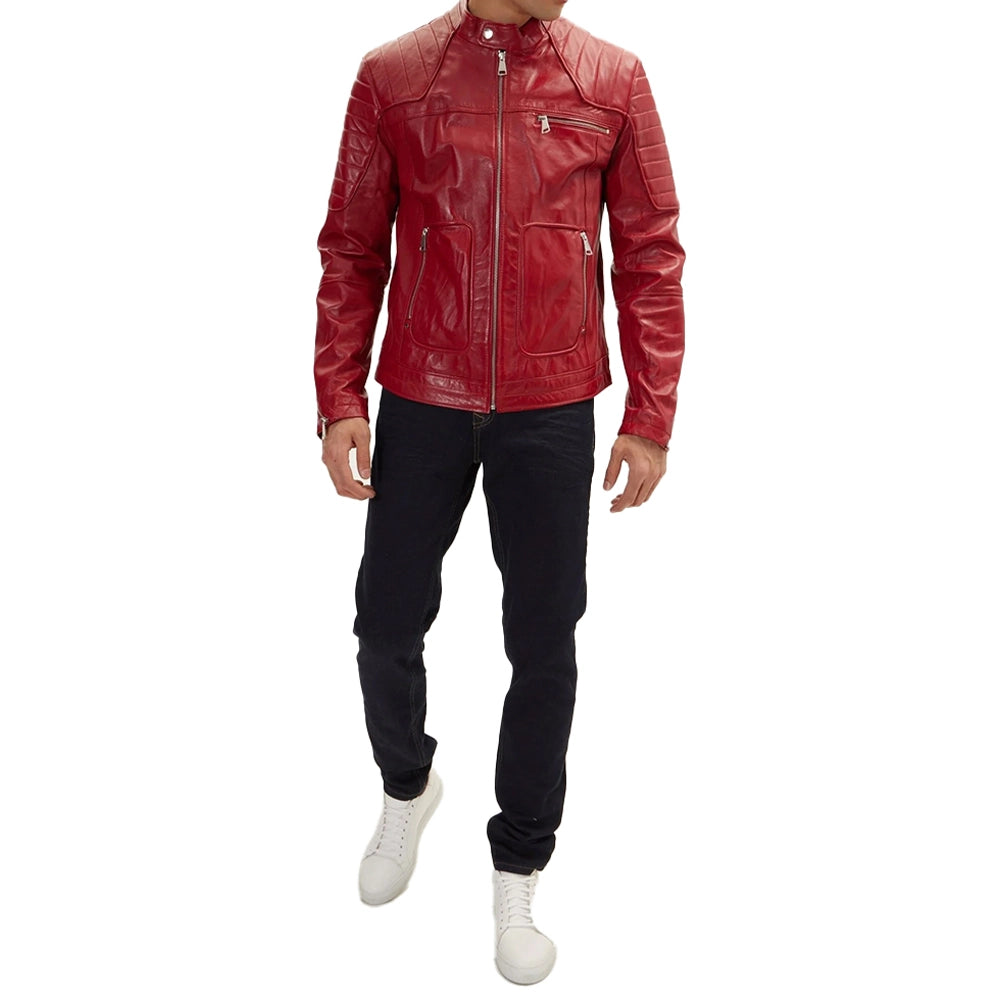 Red Leather Biker Jacket Men's with Quilted Details