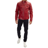 Red Leather Biker Jacket Men's with Quilted Details