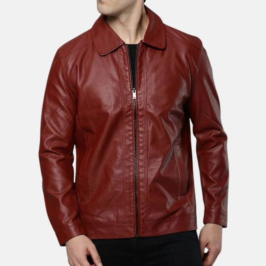 Mens Red Plain Leather Jacket