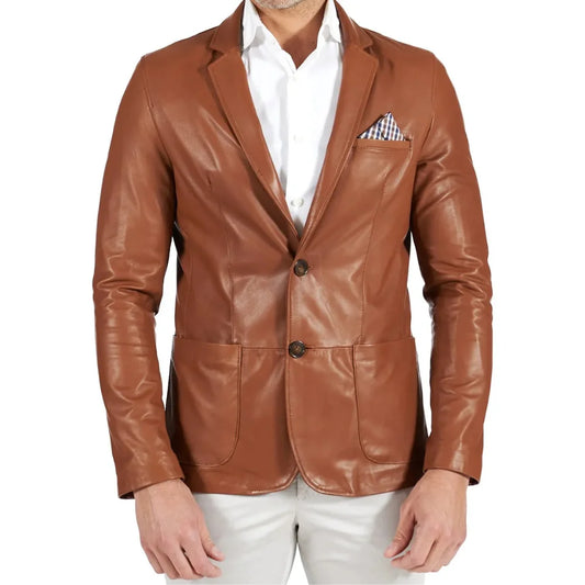 Mens Brown Two Button Tan Natural Leather Blazer Jacket