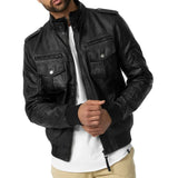 Men's Versatile Black Trucker Leather Bomber Jacket