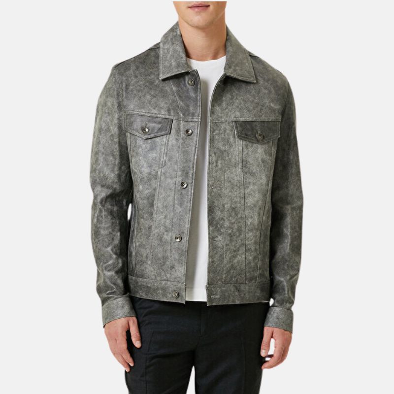 Mens Trucker Grey Leather Jacket