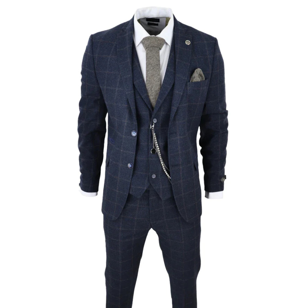 1920s Shelby Mens Navy Blue Herringbone Suit Three Piece