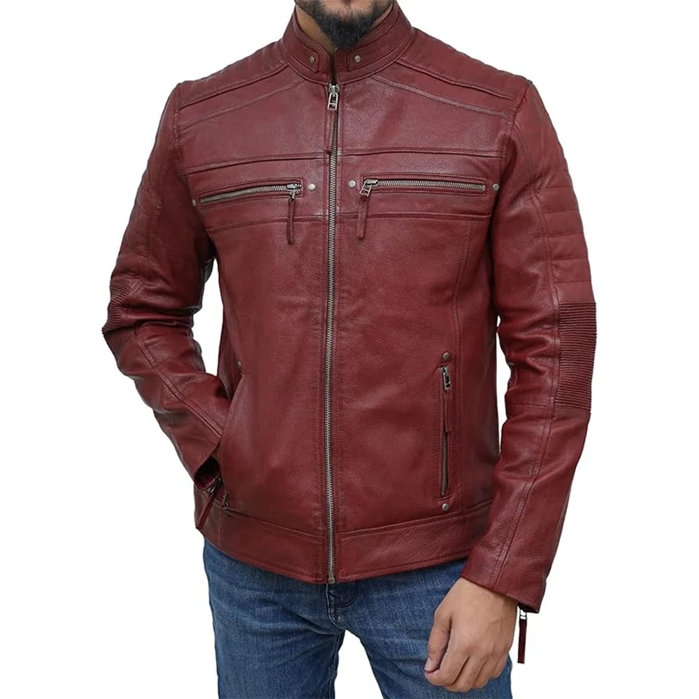 Mens Motorcycle Quilted Maroon Leather Jacket