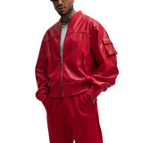 Men's Arm Pocket Oversized Red Leather Bomber Jacket