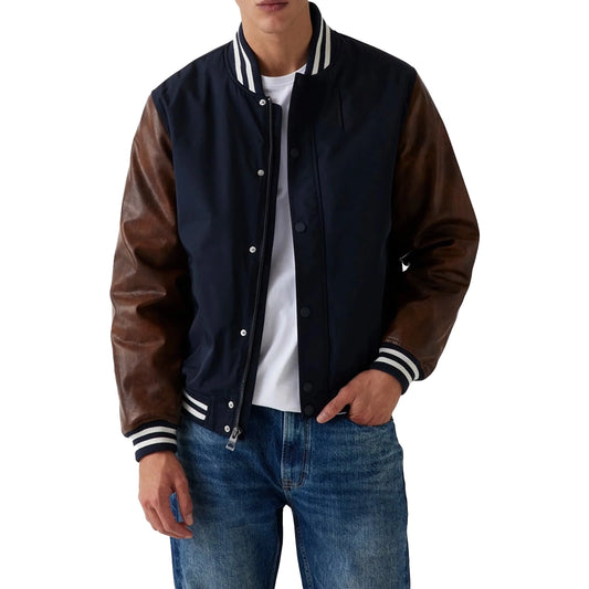 Mens Wool Navy Blue Varsity Jacket with Leather Sleeves