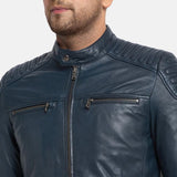 Navy Blue Cafe Racer Motorcycle Leather Jacket For Mens