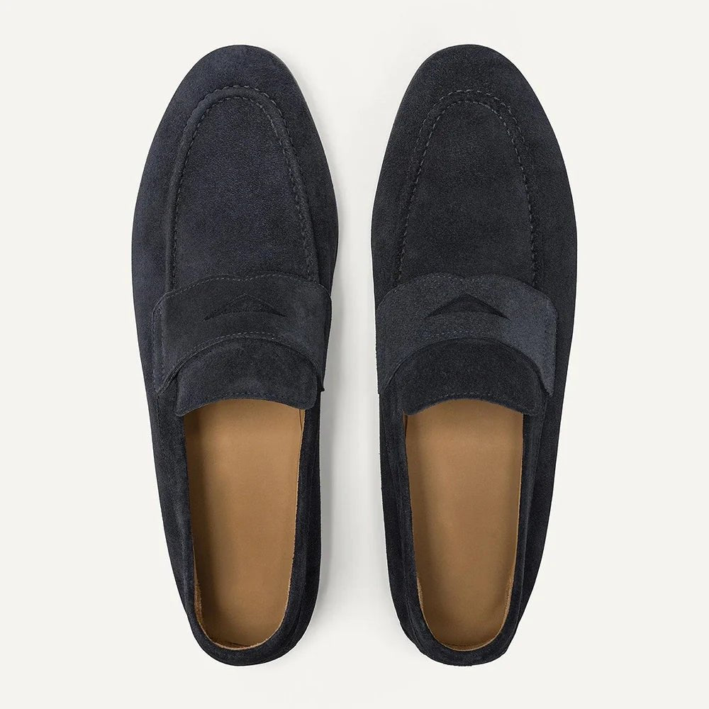 Navy Blue Suede Penny Loafers