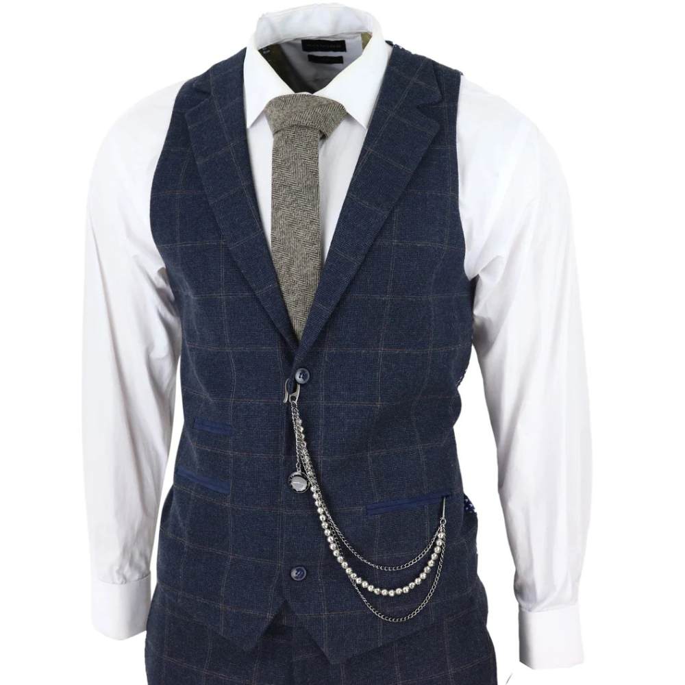 1920s Shelby Mens Navy Blue Herringbone Suit Three Piece