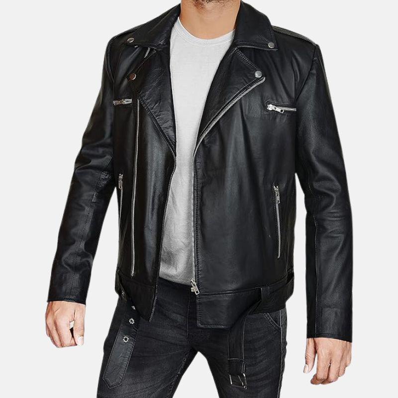 Neagan Walking Biker Black Belted Leather Jacket For Men's