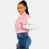 New York Blue And Pink Cropped Varsity Jacket For Womens