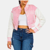 New York Blue And Pink Cropped Varsity Jacket For Womens