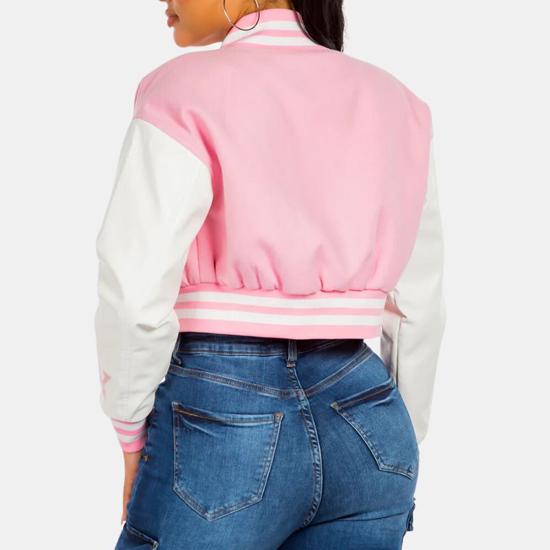 New York Blue And Pink Cropped Varsity Jacket For Womens