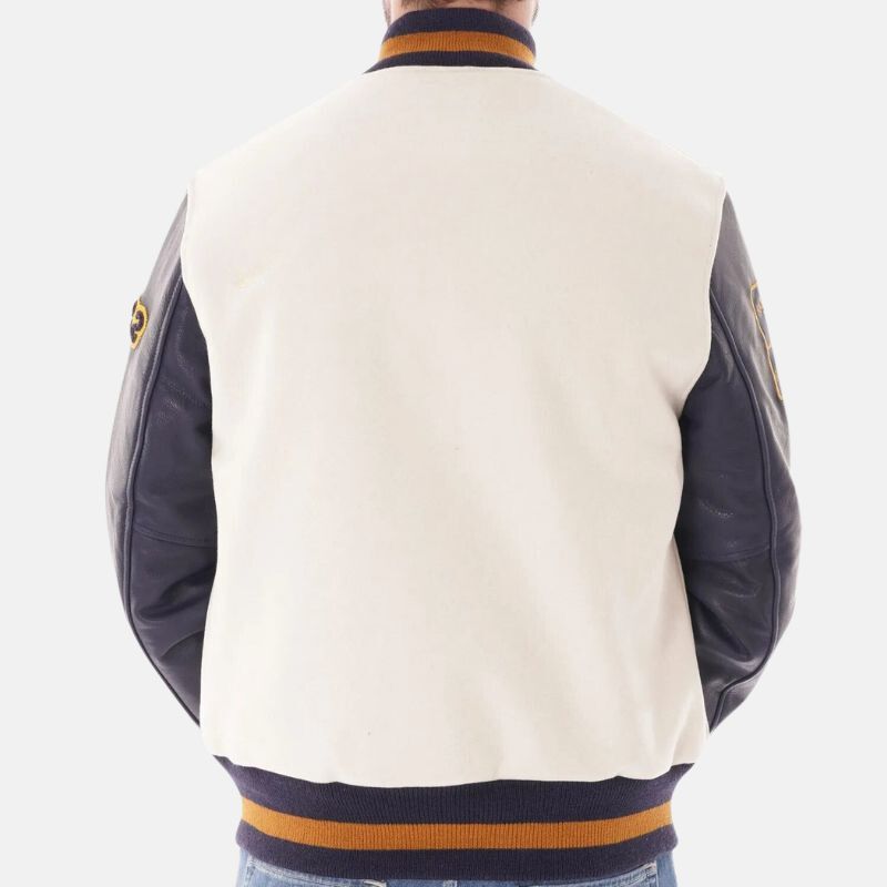 Off White Wool Varsity Jacket With Purple Leather Sleeves For Mens