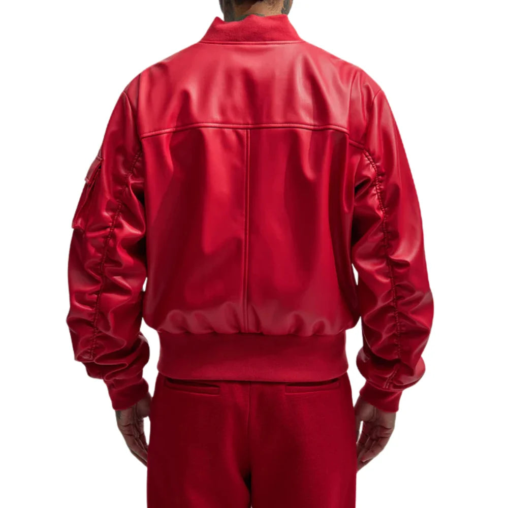 Men's Arm Pocket Oversized Red Leather Bomber Jacket