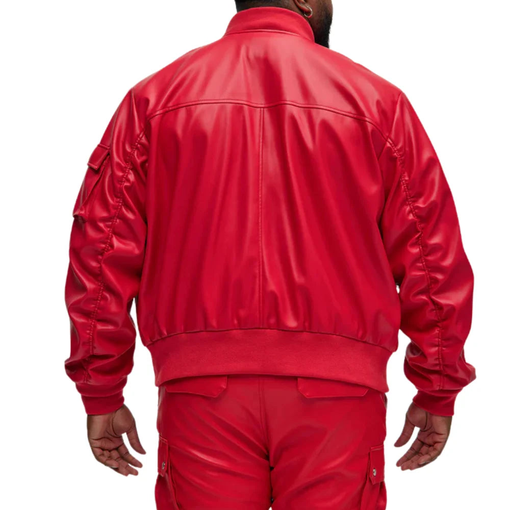 Men's Arm Pocket Oversized Red Leather Bomber Jacket