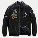 Black Bomber Varsity Leather Jacket With Patches For Mens