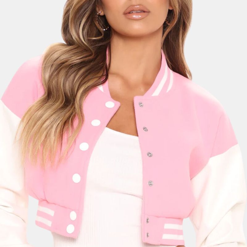 Pink Barbie Wool Cropped Varsity Jacket Womens