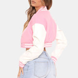 Pink Cropped Wool Barbie Varsity Jacket With Leather Sleeves For Womens