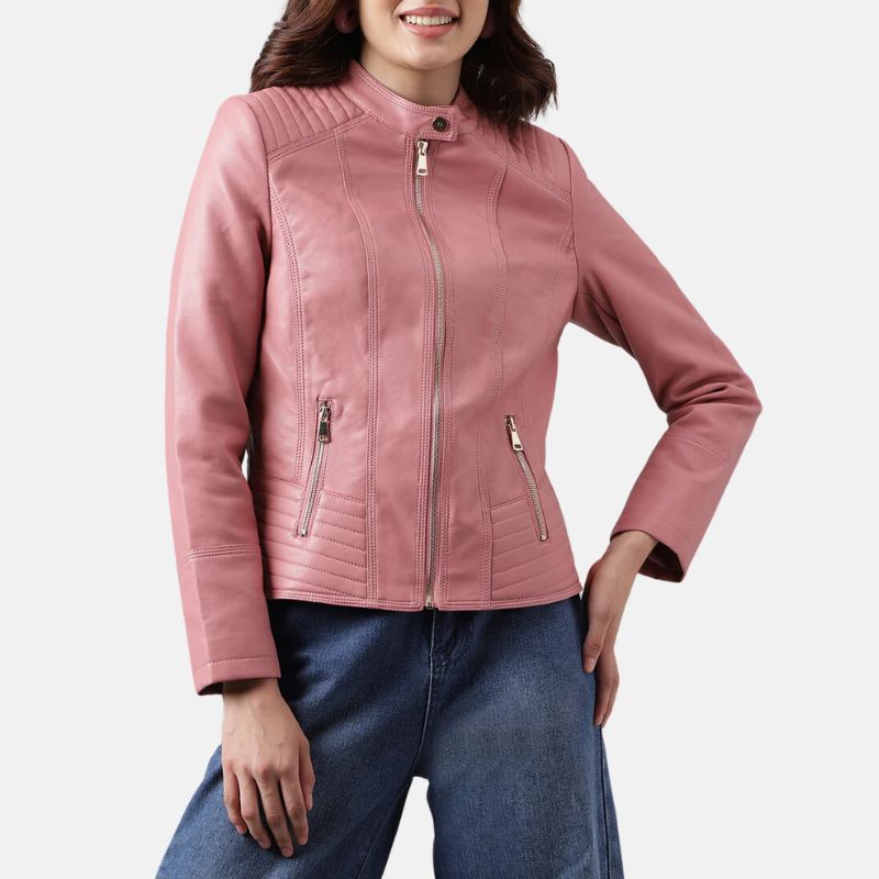 Pink Cafe Racer Quilted Leather Jacket Womens