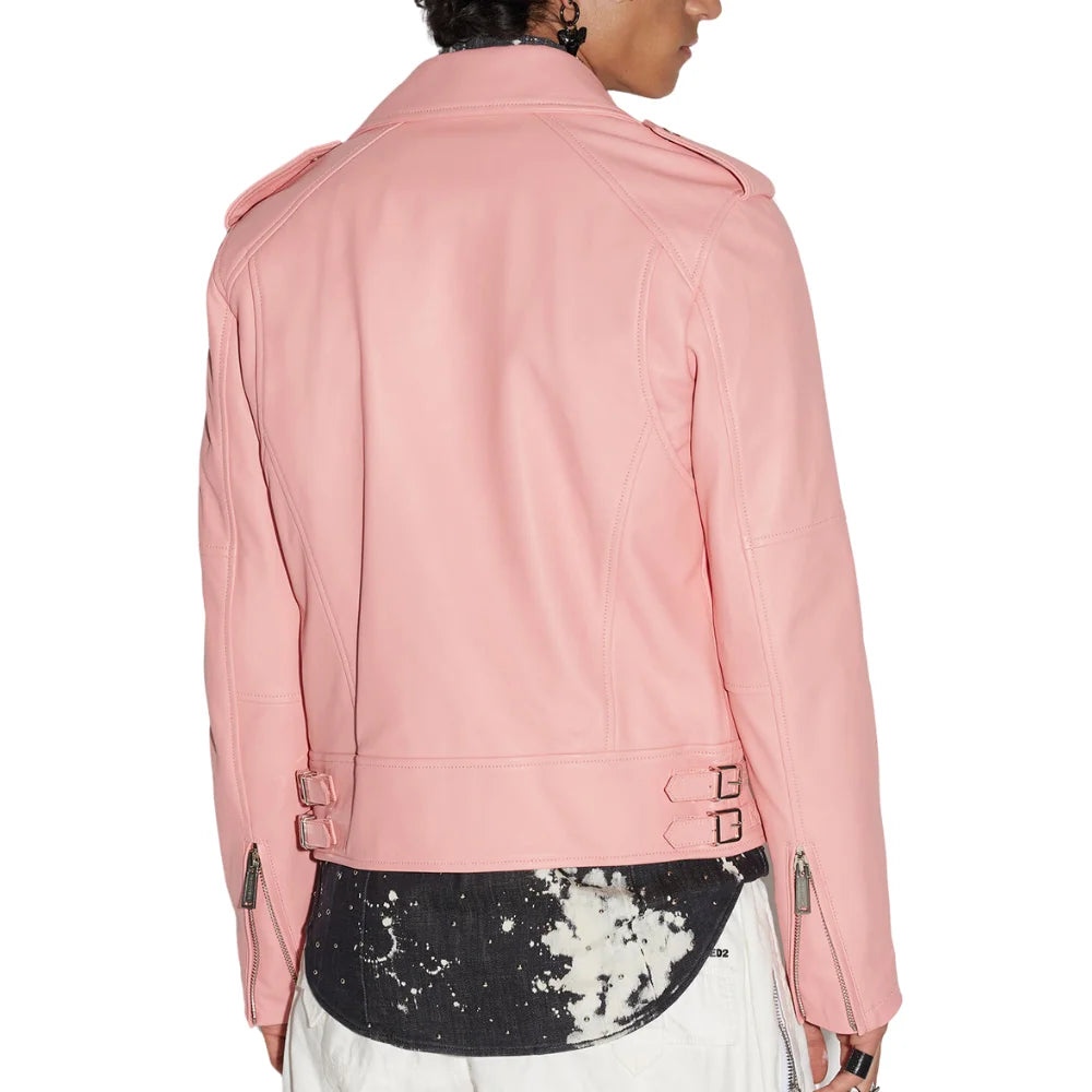 Mens Leather Pink Moto Jacket