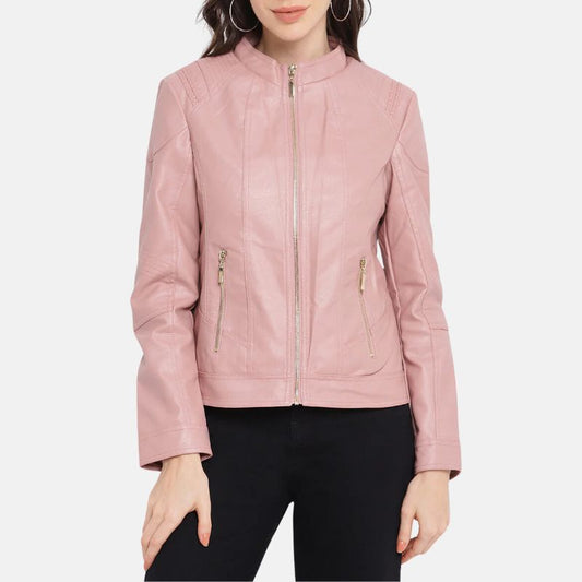 Pink Leather Womens Biker Jacket