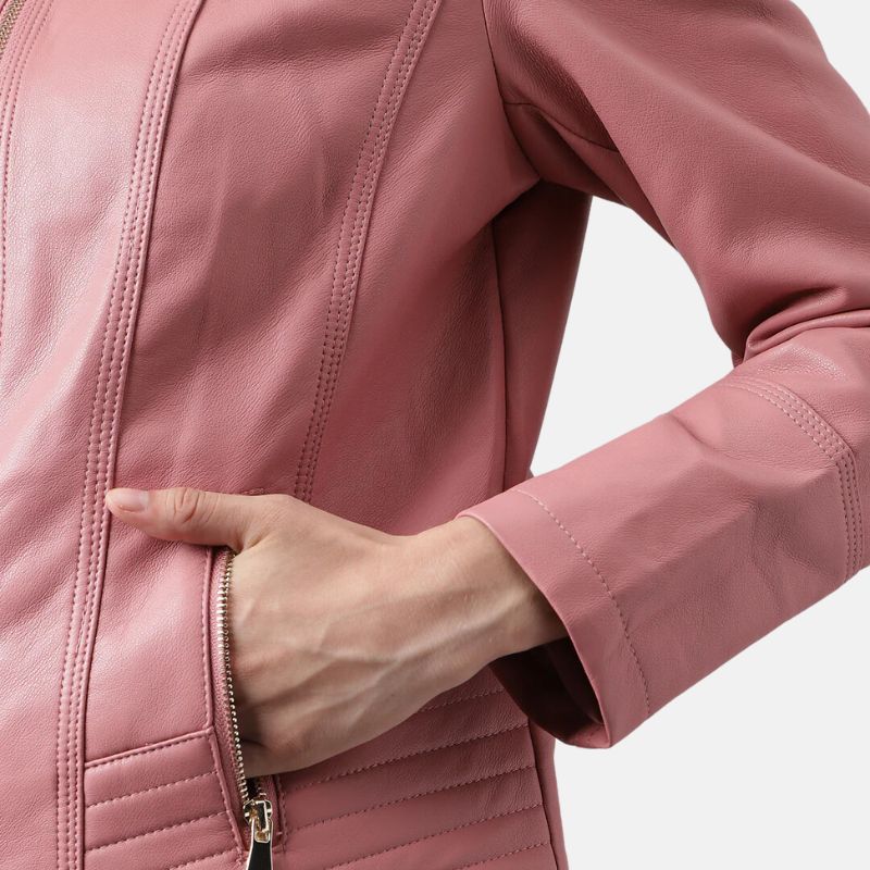 Pink Leather Cafe Racer Jacket For Womens