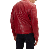 Red Leather Biker Jacket Men's with Quilted Details