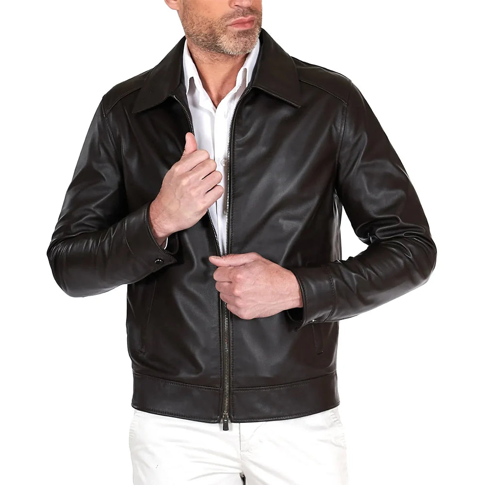 Mens John Chocolate Brown Shirt Collar Leather Jacket