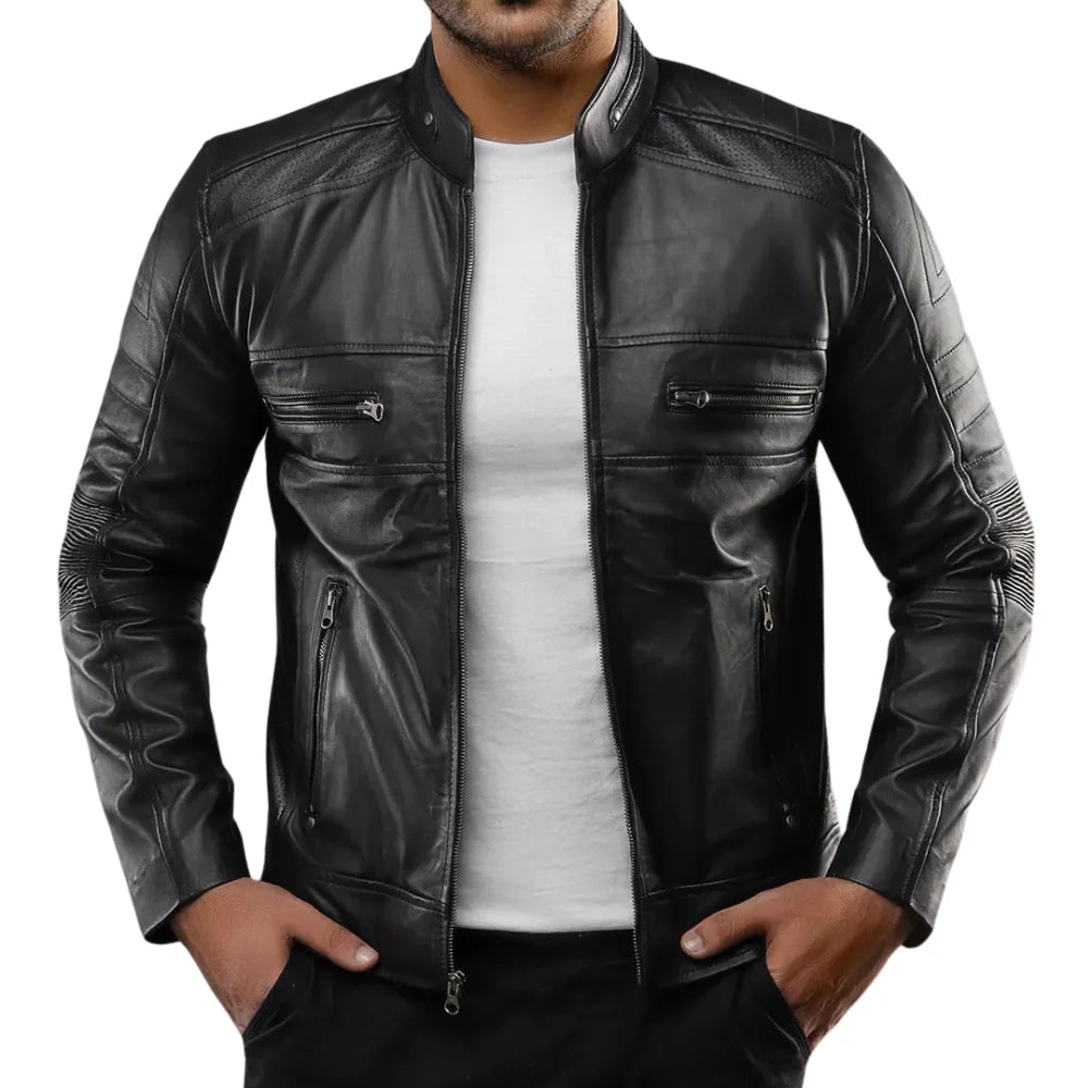 Men's Genuine Lambskin Black Cafe Racer Leather Jacket