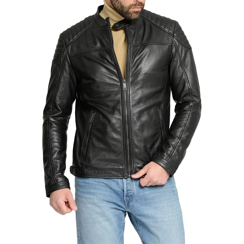 Mens Padded Black Cafe Racer Leather Jacket