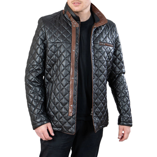 Men’s Black Diamond Quilted Leather Car Coat with Brown Detailing