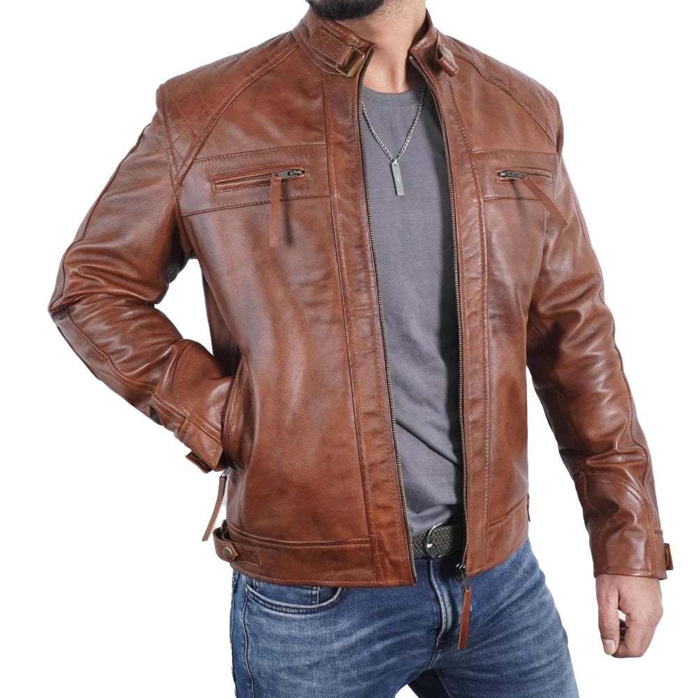 Men's Quilted Shoulders Café Racer Cognac Leather Jacket