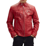 Red Leather Biker Jacket Men's with Quilted Details