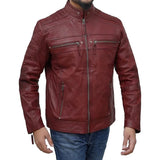 Mens Motorcycle Quilted Maroon Leather Jacket