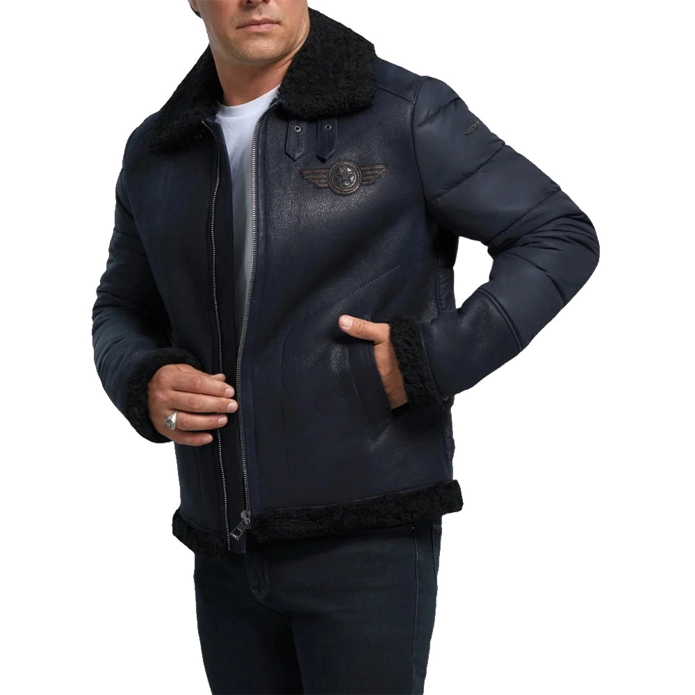 Men's Blue B3 RAF Aviator Sheepskin Shearling Leather Jacket