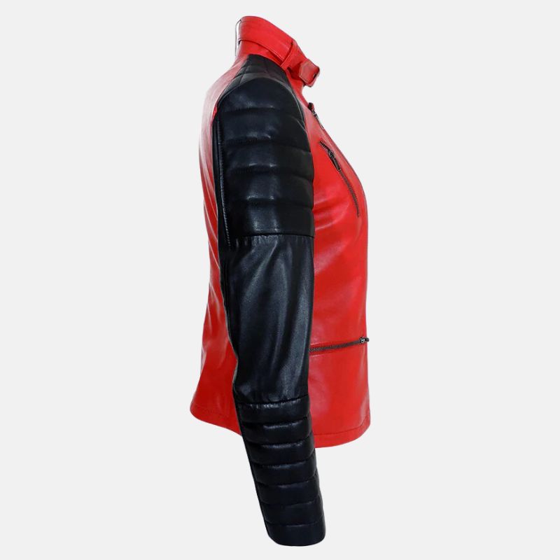 Red And Black Quilted Motorcycle Leather Jacket For Womens