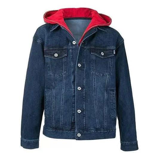 Men's Red & Blue Hooded Denim Jacket