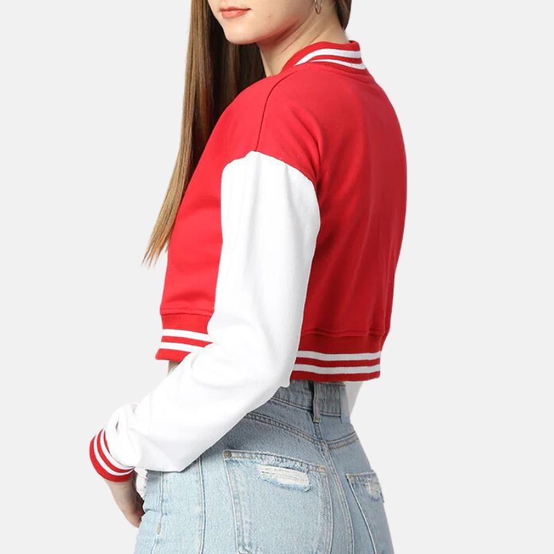 Red and White Cropped Varsity Jacket for Womens