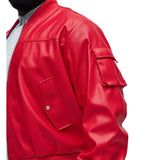 Men's Arm Pocket Oversized Red Leather Bomber Jacket