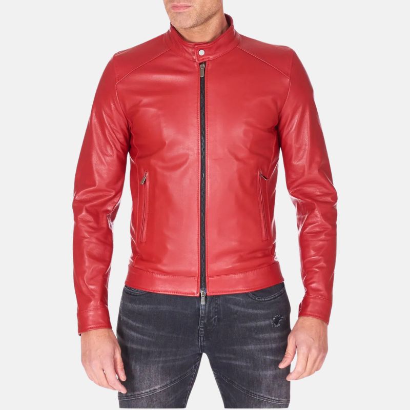 Red Cafe Racer Leather Jacket Mens