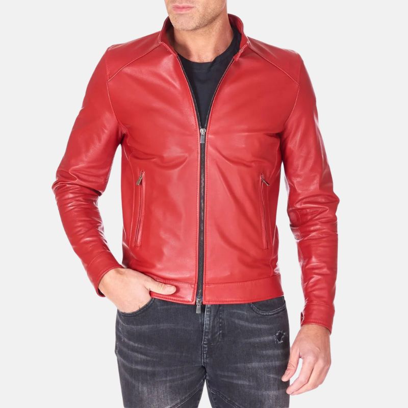 Red Cafe Racer Leather Jacket Mens