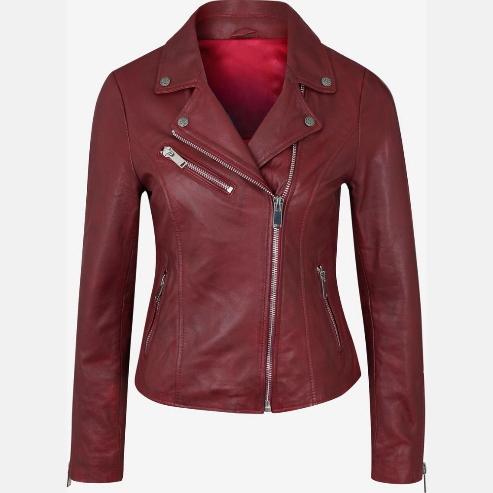 Red Leather Biker Jacket Womens