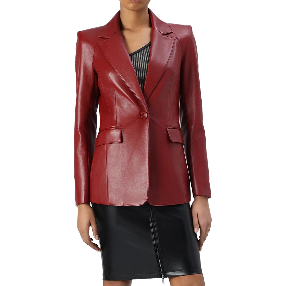 Dakota Notch Lapel Red Leather Blazer Womens