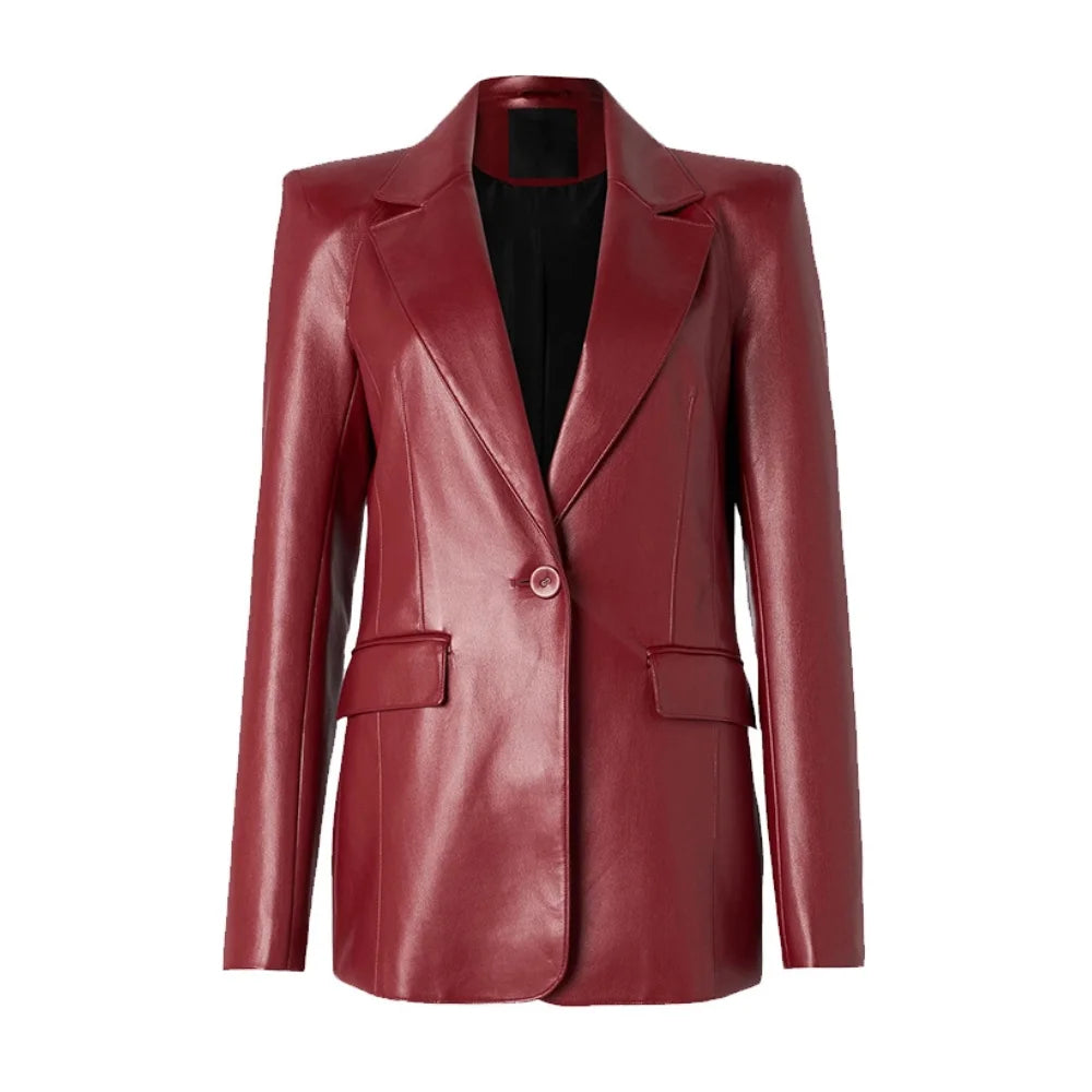 Dakota Notch Lapel Red Leather Blazer Womens