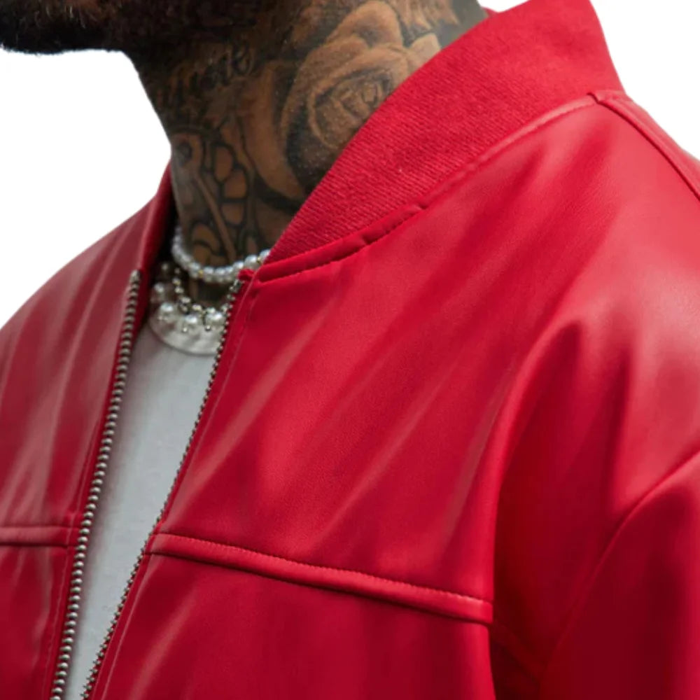 Men's Arm Pocket Oversized Red Leather Bomber Jacket