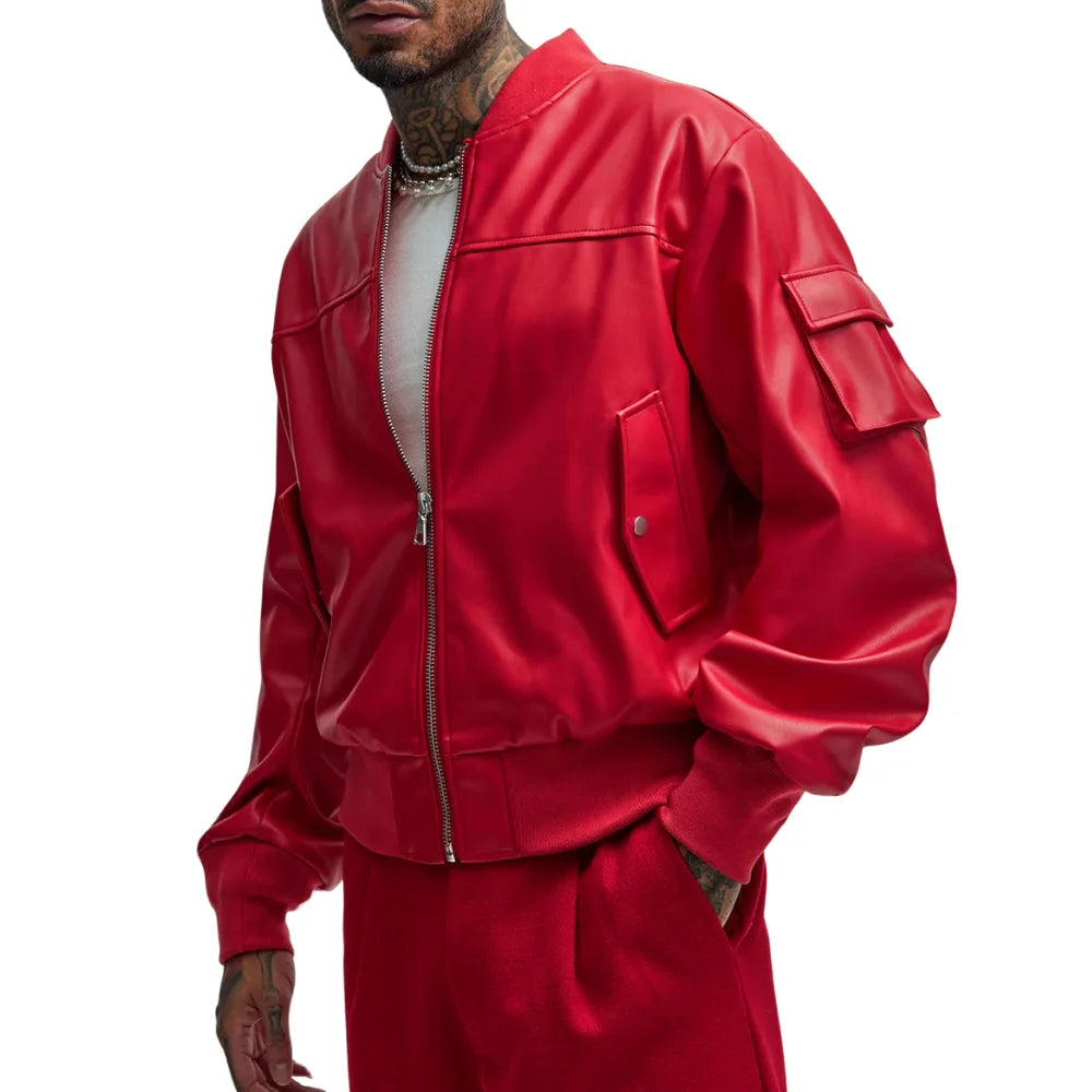 Men's Arm Pocket Oversized Red Leather Bomber Jacket