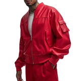 Men's Arm Pocket Oversized Red Leather Bomber Jacket