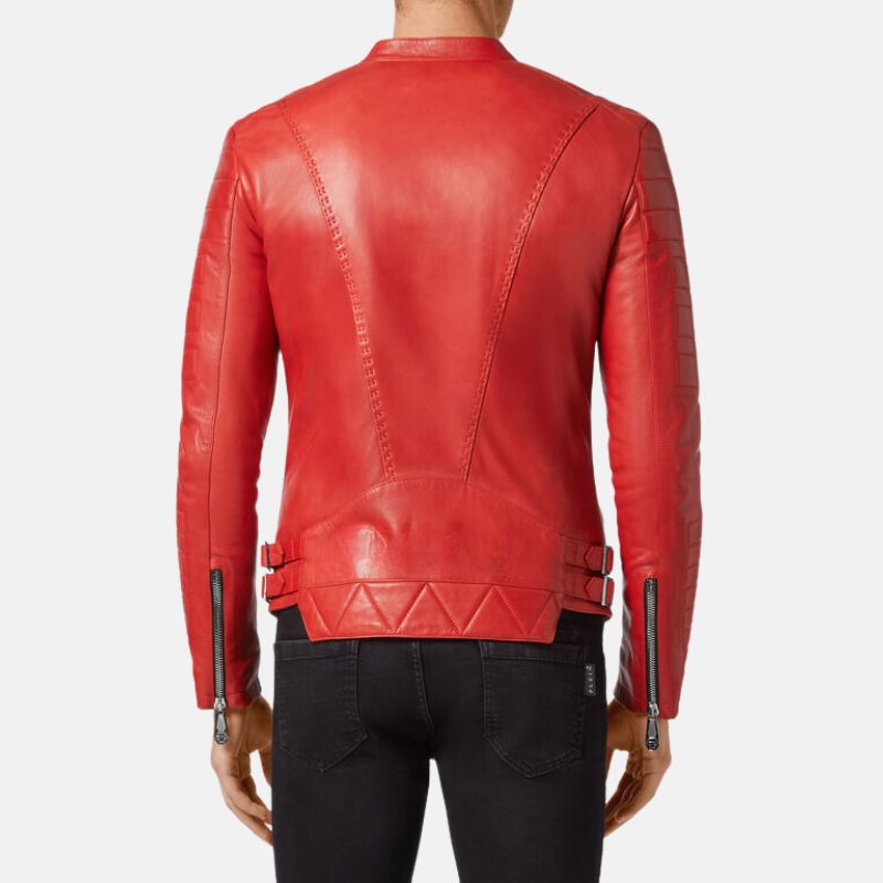 Biker Asymmetrical Quilted Red Leather Jacket For Mens